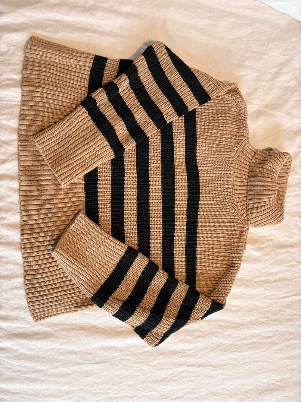 Quince Camel and Black Striped Ribbed Turtleneck Sweater